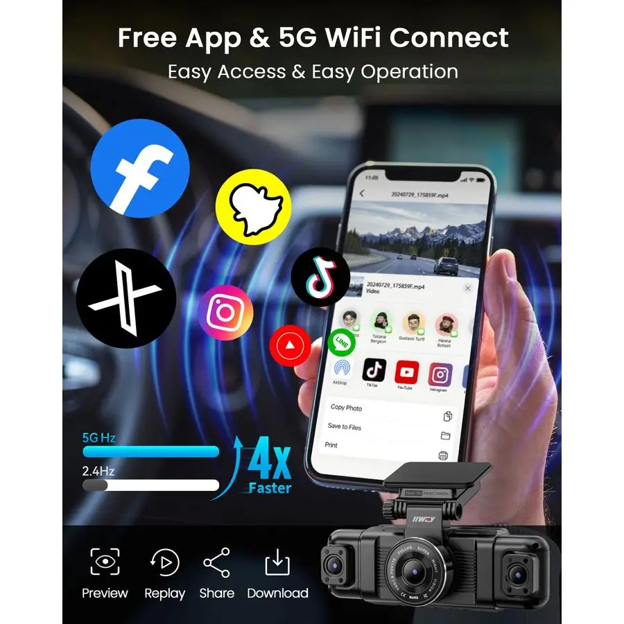 N5 4 قنوات Dash Cam 360 View، 1080P أمامي وخلفي، كاميرا داش يسار يمين للسيارات، 8 مصابيح IR للرؤية الليلية، 5G WiFi a