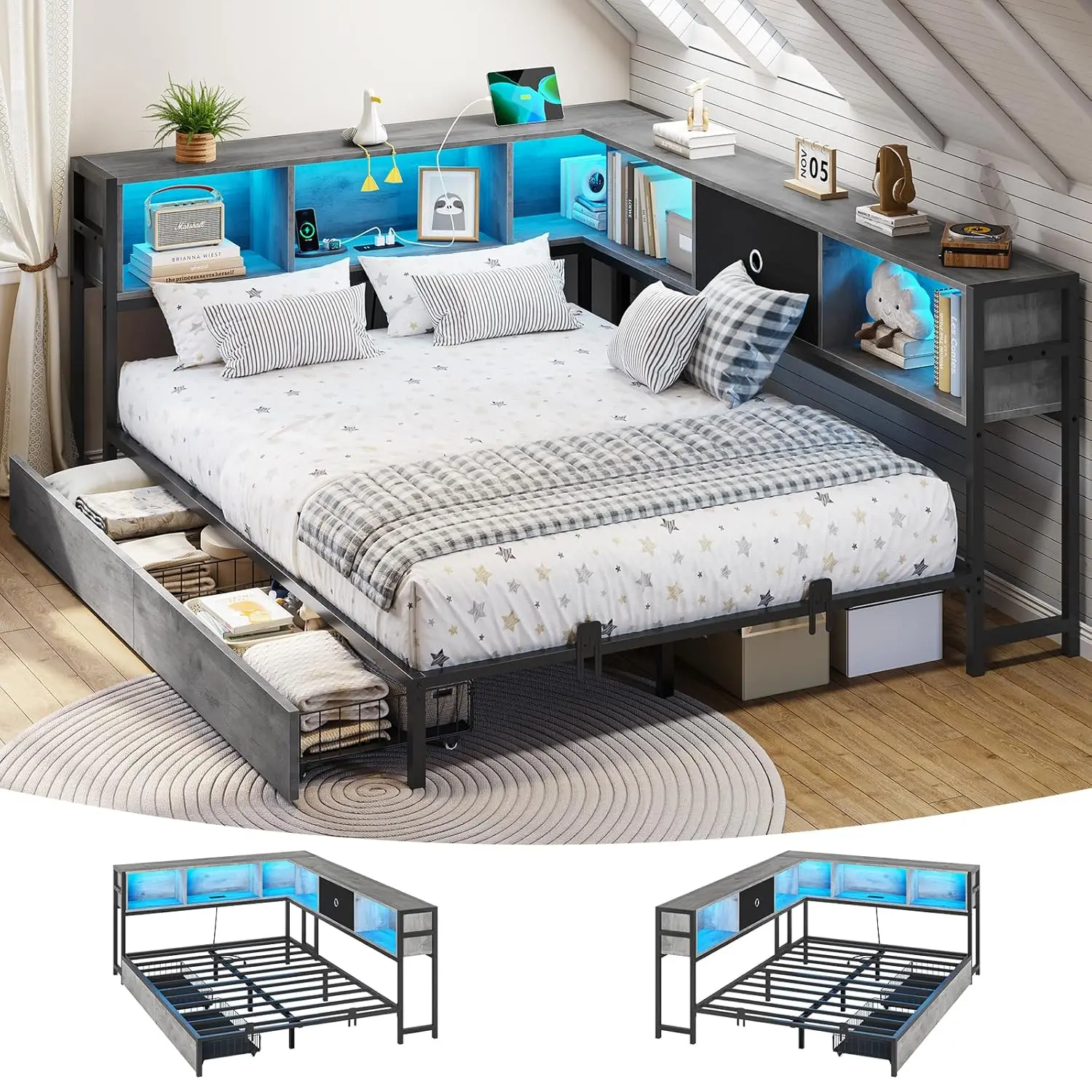 Corner Full Bed Frame LED Bookcase Storage Drawers Charging Station Metal Platform Daybed Bedroom Guest Room Oak Gray, Customize