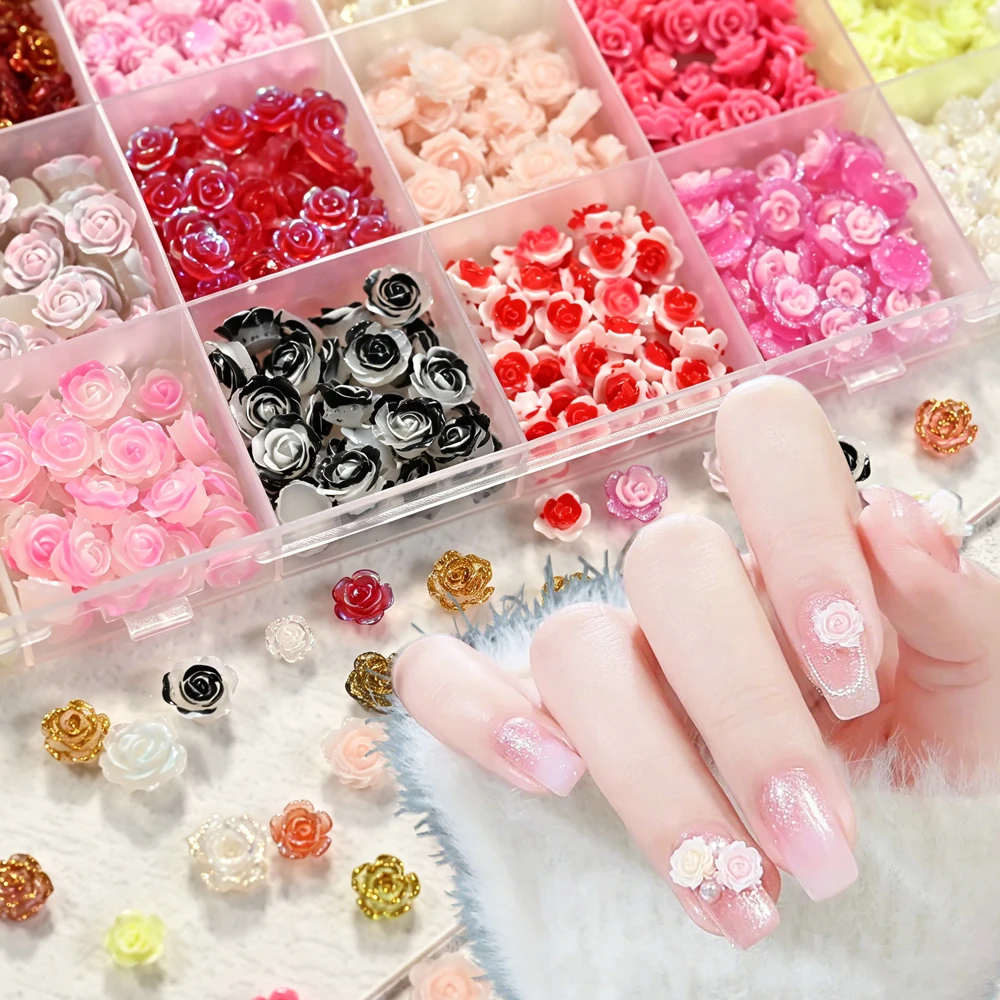 24grids Multi-color Resin Camellia Rose Nail Charms Sparkly Resin Rose Flatback Nail Decorations With Glitter Floral Nail Decos