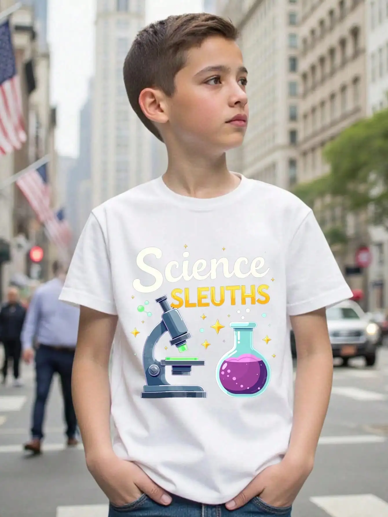 

Хлопковые футболки с рисунком Science Sleuths для мальчиков и девочек, черные летние топы большого размера с микроскопом и принтом фляги