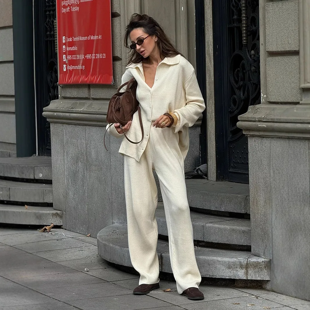 

Women Casual Set Button Down Sweater Cardigan & Wide Leg Pants 2025 Fall/Winter 2 Piece Outfit Cozy Ribbed Knit Matching Set
