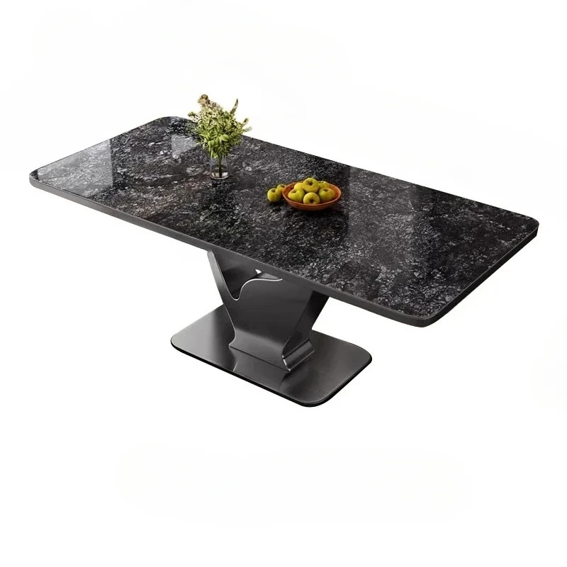 Mesa de comedor de lujo ligera de estilo italiano, placa de piedra gruesa minimalista de alta gama, piedra de lujo brillante Rectangular de acero inoxidable