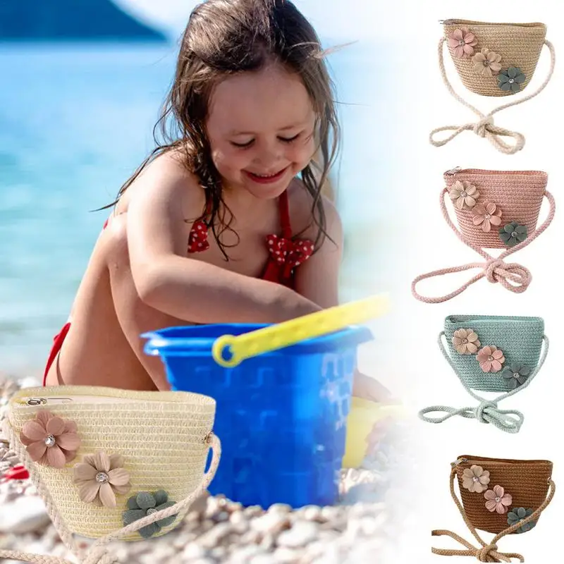 Straw Beach Bag Little Girls Flower Straw Shoulder Crossbody Bag Fashion Straw Purses Crossbody Bag Cute Girlish Woven Bag For