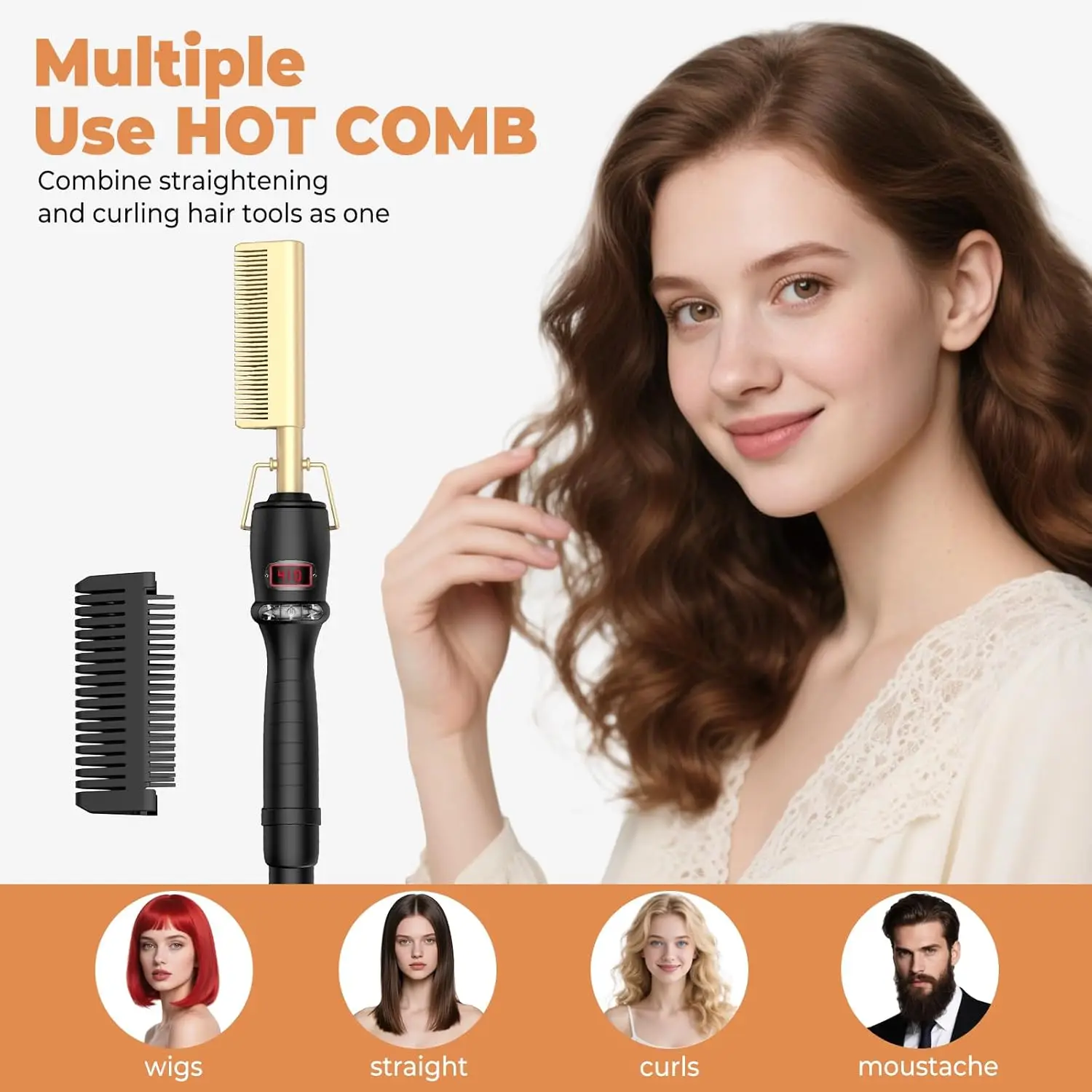 

2 In1 Hair Straightener Comb Electric Heating Comb Fast Heating Portable Travel Anti-Scald Beard Straightening 450℉ Hot Comb