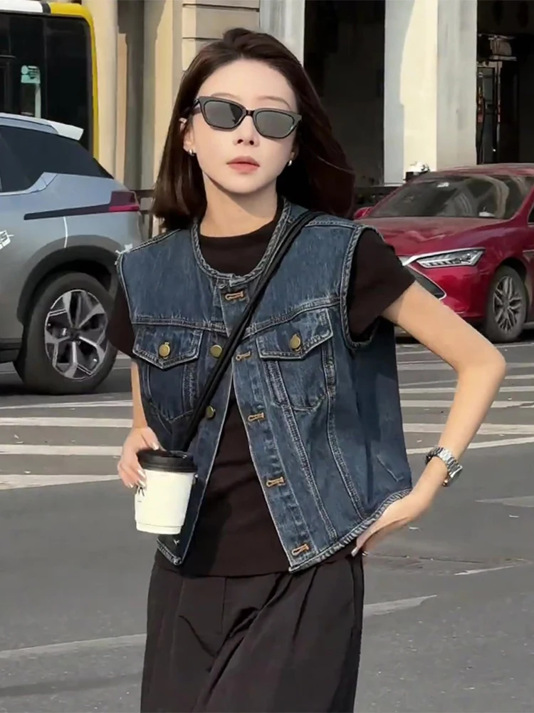 Retro Korean Style Denim Jacket Spring Women's Sleeveless round Neck Versatile Washed Vest Short Outerwear Commute Style