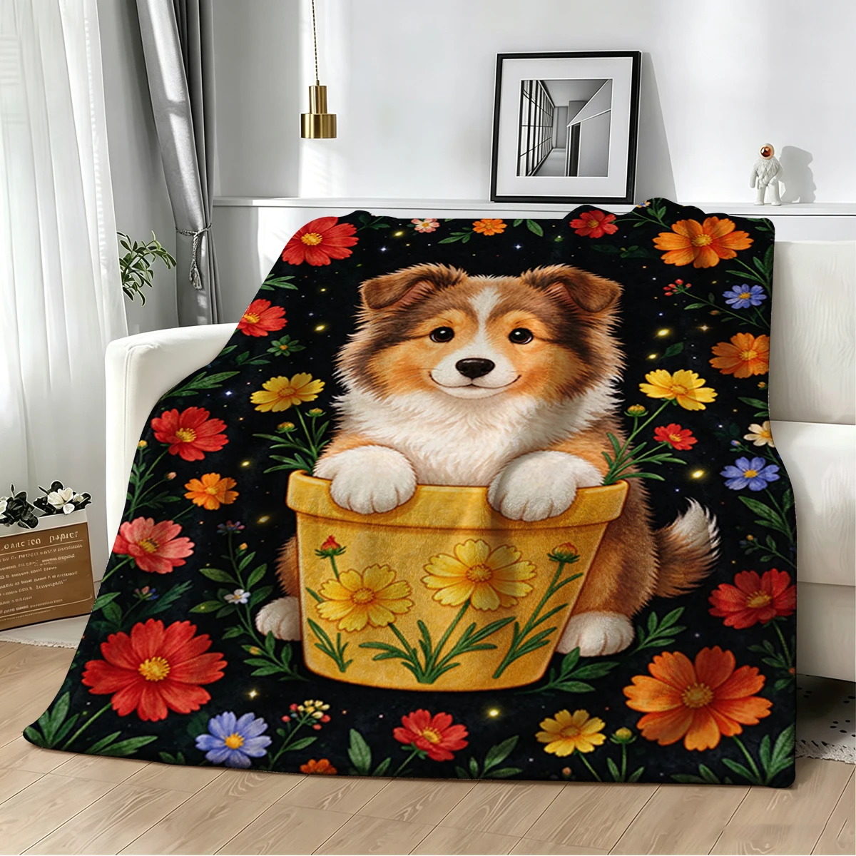 Sheltie Daisy Pot Repeat Flannel Blanket Warm Soft Halloween Christmas Decorative Couch Warm Cozy All-Season Gift