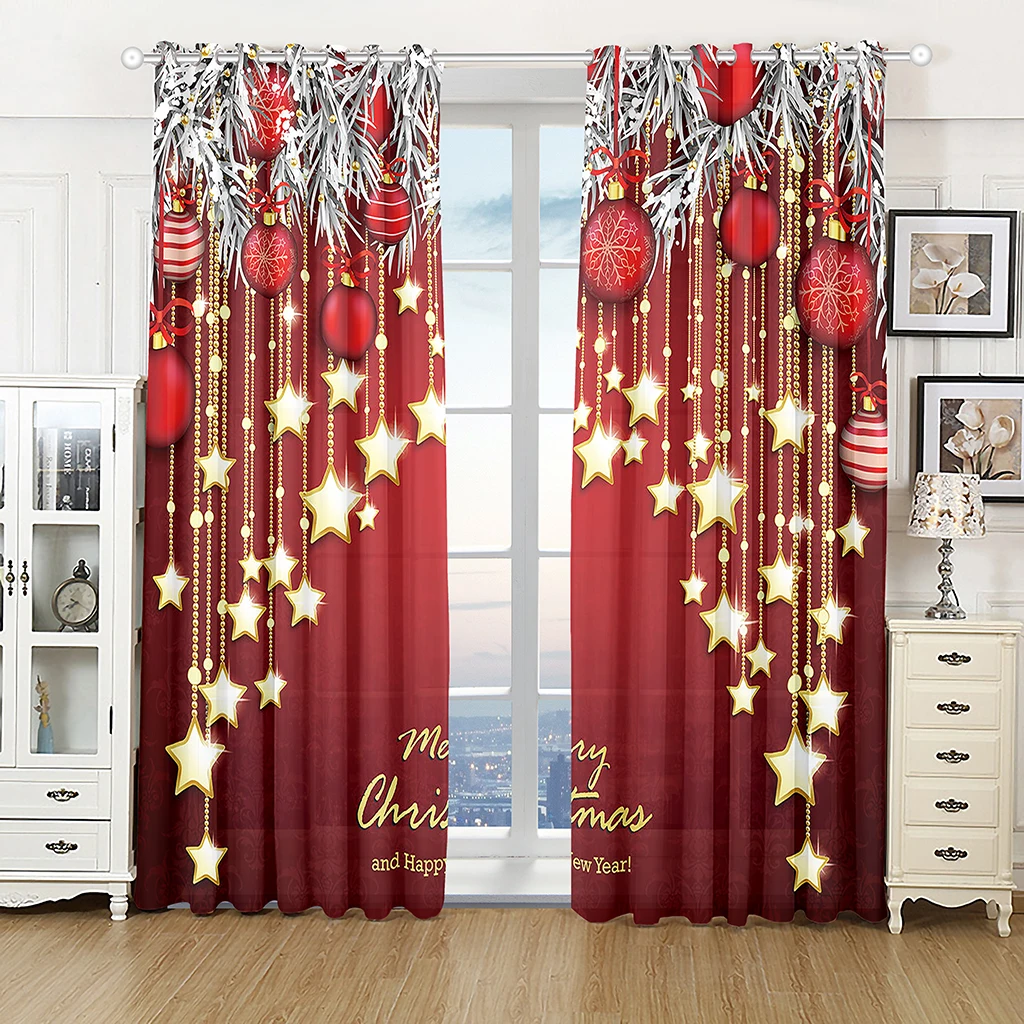 Cartoon Christmas Happy New Year Star Red Ball Kids Window Curtains Blinds for Living Room Bedroom Kitchen Door Home Decor 2Pcs