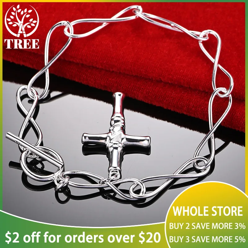 

ALITREE 925 Sterling Silver Cross Pendant Bracelet For Woman 20cm Chain Wedding Accessories Party Birthday Fashion Charm Jewelry