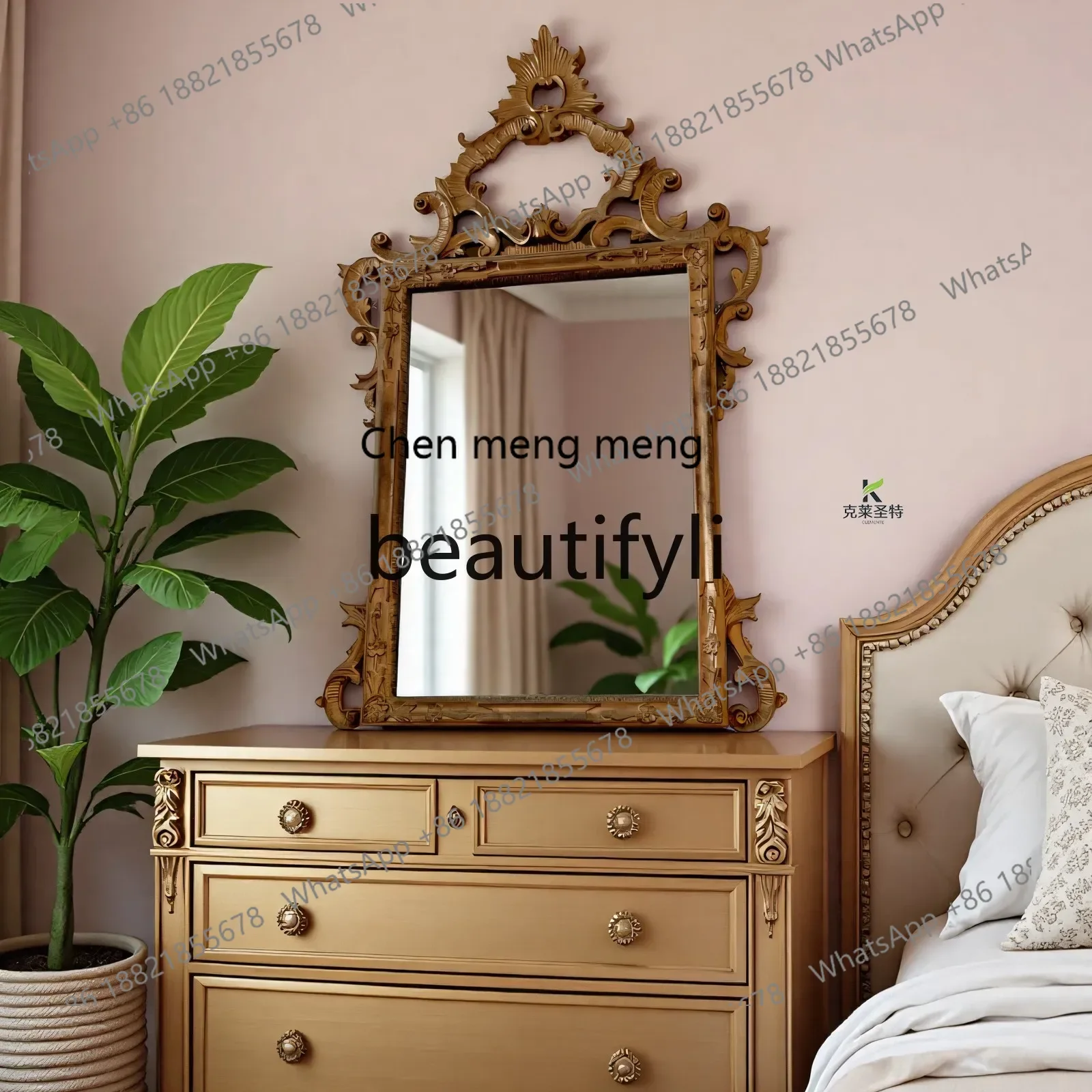 

French retro fireplace decorative mirror American bedroom living room background wall hanging mirror European style,bathroom2936