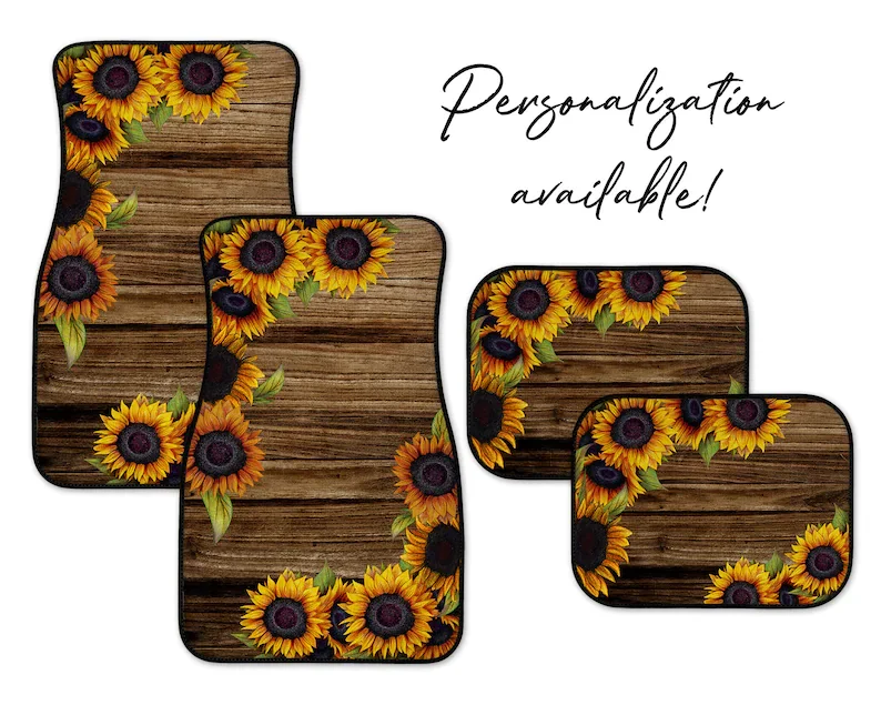 

Dark Wood Sunflower Car Mats, Personalization Available