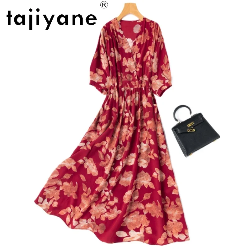 

TAJIYANE 100% Mulberry Silk Dress Woman Summer 2025 Vintage Red Long Dresses Party V-neck Frocks Ladies Clothes платье женское