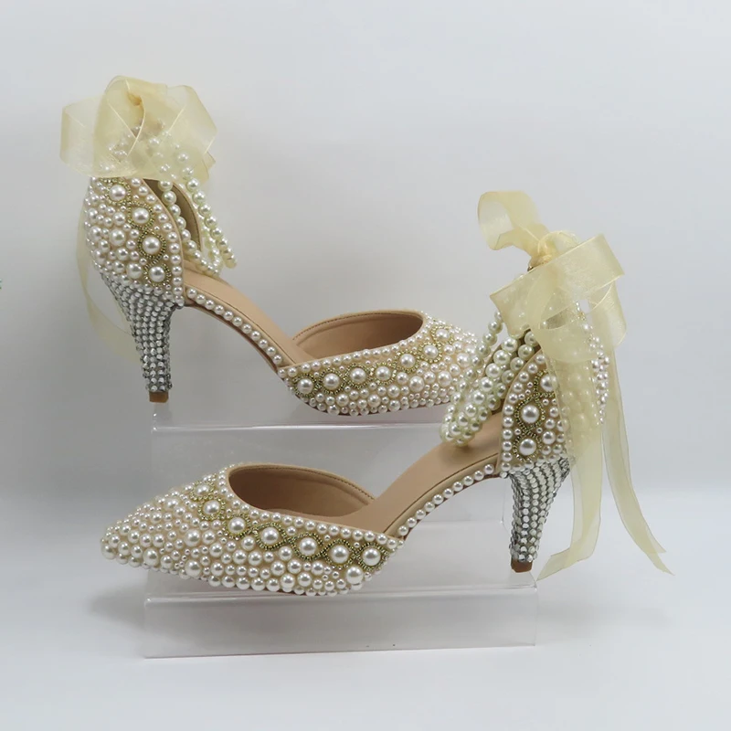 

2024 Women's Ivory White Pearl Wedding Shoes Bridal Women's High Ankle Lace up Shoes Fashion Pointed Party Dress Shoes Lace up