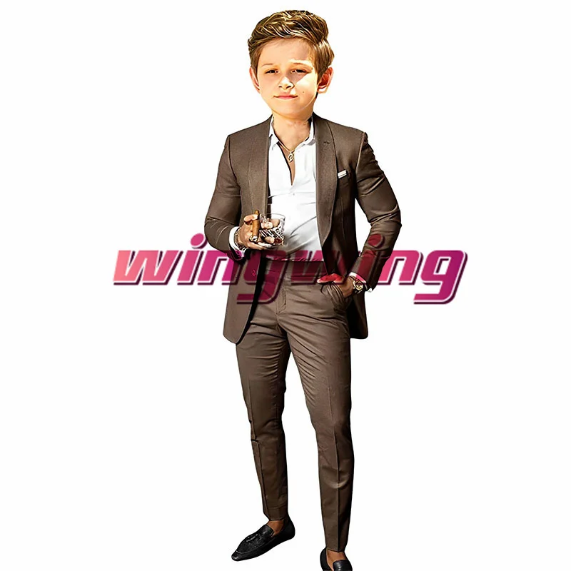 Brown Boys Suit Jacket Pants Set of 2 Fashion Wedding Tuxedo Shawl Collar Blazer for Kids 2-16 Year Clothes