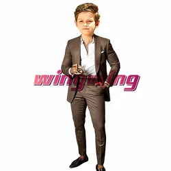 Braune Jungen Anzug Jacke Hosen Set von 2 Mode Hochzeit Smoking Schal Kragen Blazer für Kinder 2-16 Jahre Kleidung