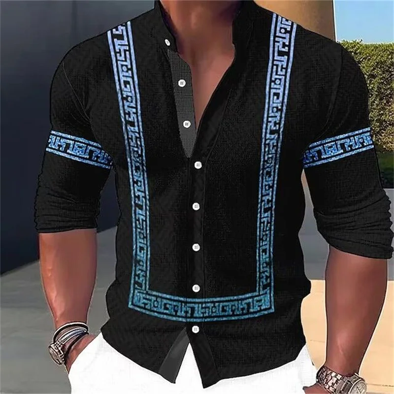 Men\'s 3D Printed Lapel Cardigan Shirt Long Sleeve Casual Retro Ethnic Style Men\'s Shirt New Four-Way Elastic Long Sleeve Shirt S