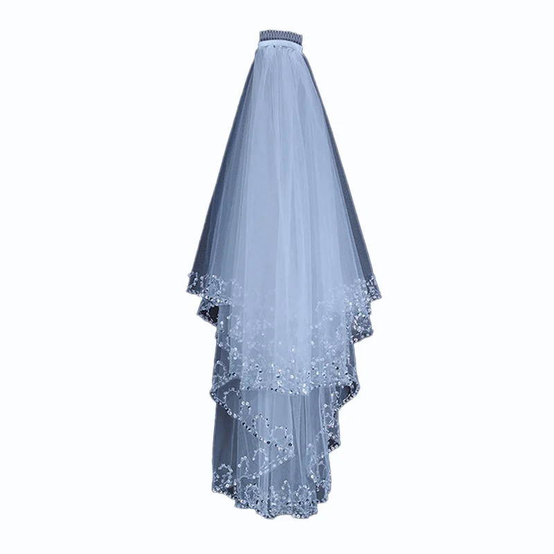 2 Tiers Wedding Bridal Veil With Comb Decorated With Handmade beaded Length 60-80CM Ivory White Color image 5