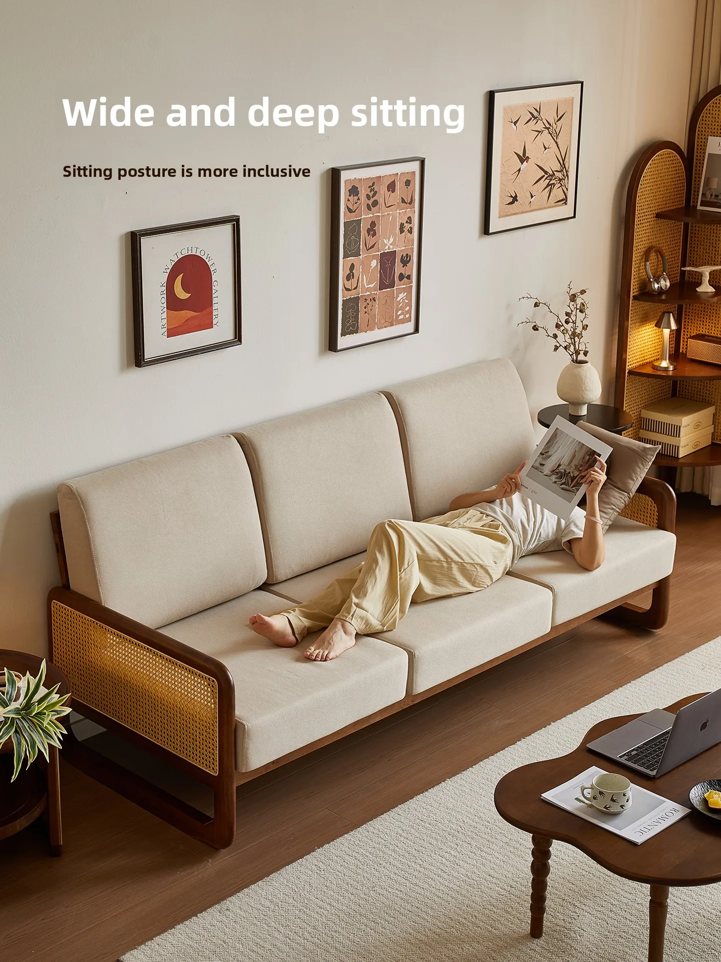 

YXY solid wood sofa household living room rattan small apartment straight row sofa fabric combination