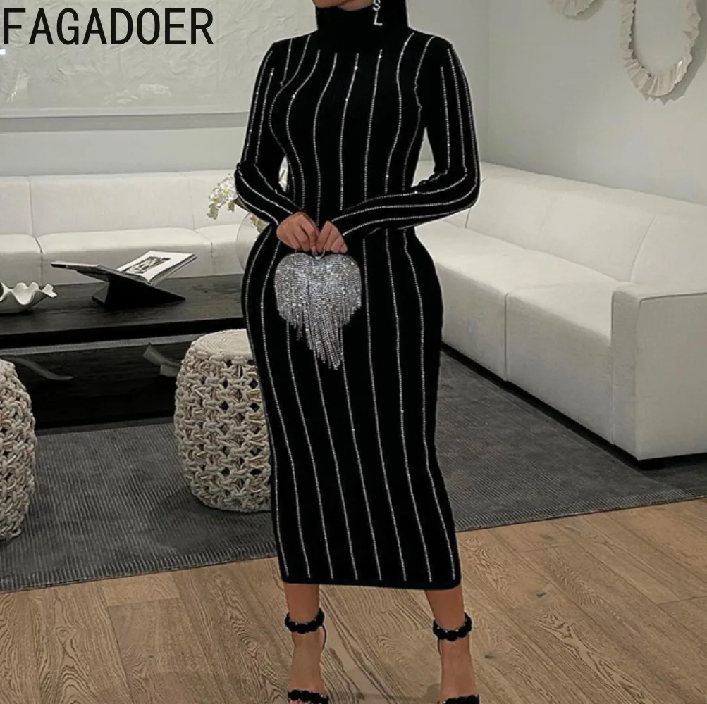 

FAGADOER Elegant Rhinestone Dresses Women High Collar Long Sleeve Bodycon Dress Lady Party Street Vestido Autumn New Clothing