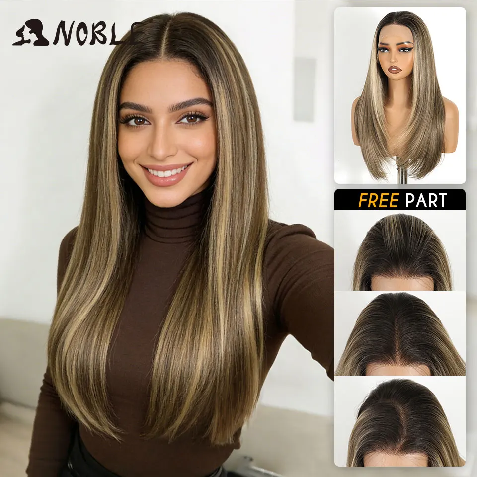 24 Zoll 13x6 Lace Front Perücke Synthetische Perücke Ombre Braun zu Aschblond Glatt Bestseller Schneller Versand Hitzebeständige Klebefreie Perücke – Detail 5