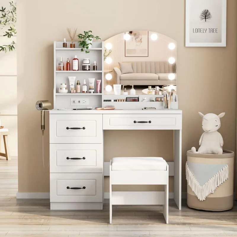 

Vabches Desk Lights And Charging Station, White Vanity Set Makeup Table With 4 Drawers Lots Storage, 3 Lighti