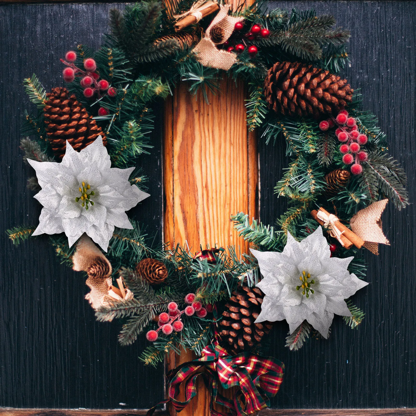 

7Pcs Christmas Decor Flowers Glitter Artificial Decorative Wreath DIY Accents for Holiday Party Fireplace Decor Flower