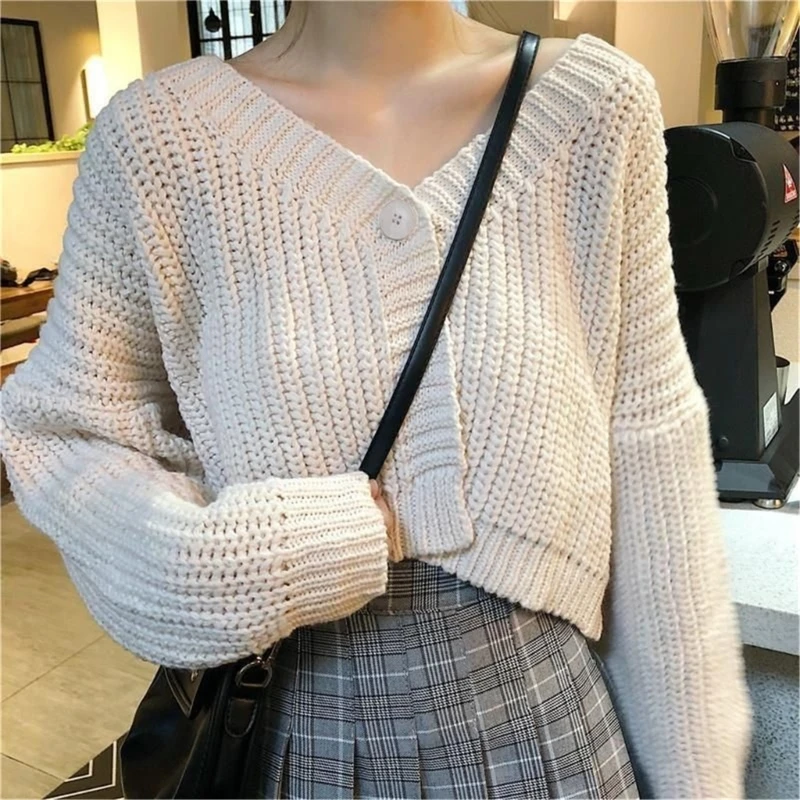 

Women Button Down Knitted Cardigan Korean Style V-Neck Short Loose Sweater Female Casual Open Front Long Sleeve Outwear Coat