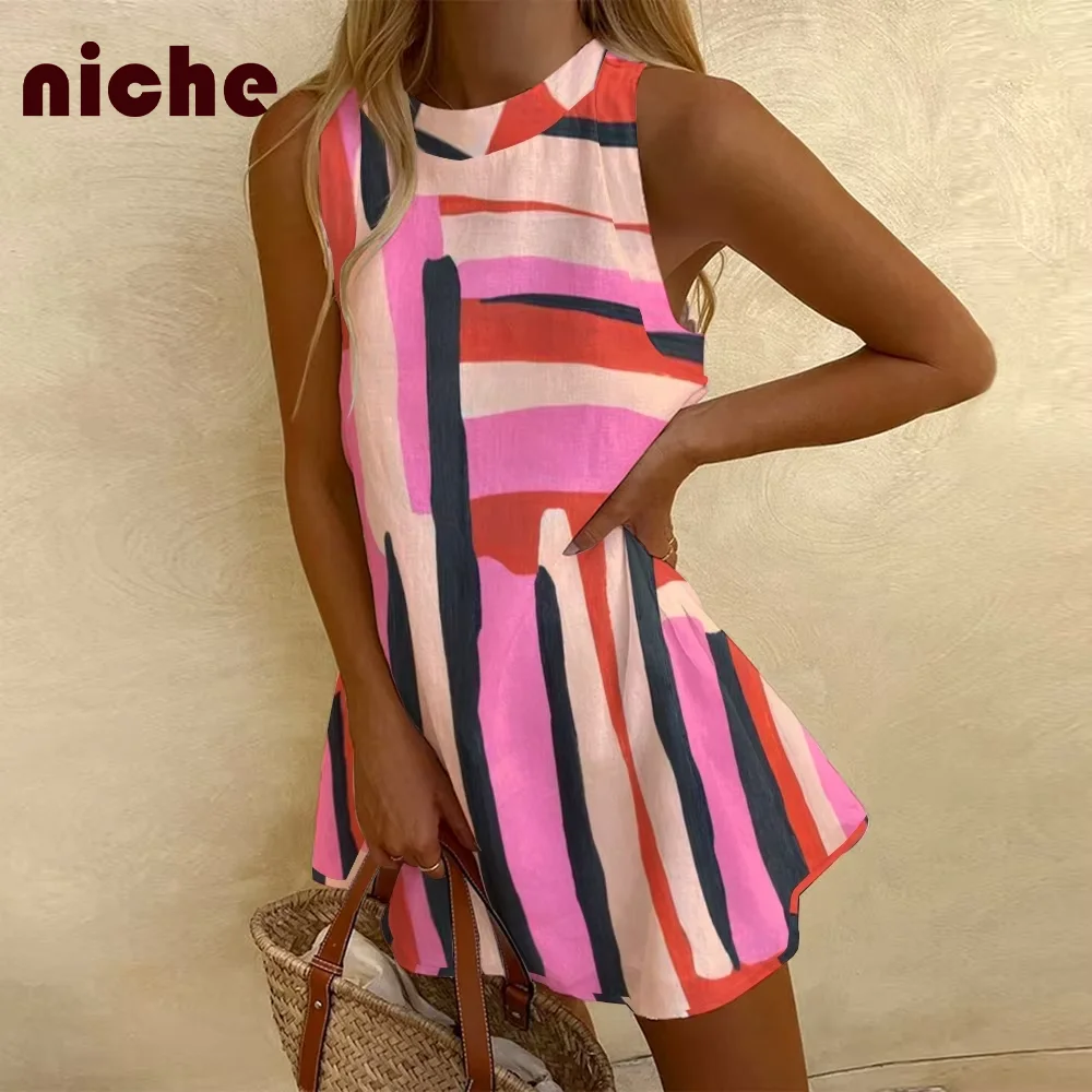 

Y2k Style Women's Sleeveless Dress Chic Stripe Graphic Printing High Quality Cotton And Linen Fabric Trendy New Beach Skirt