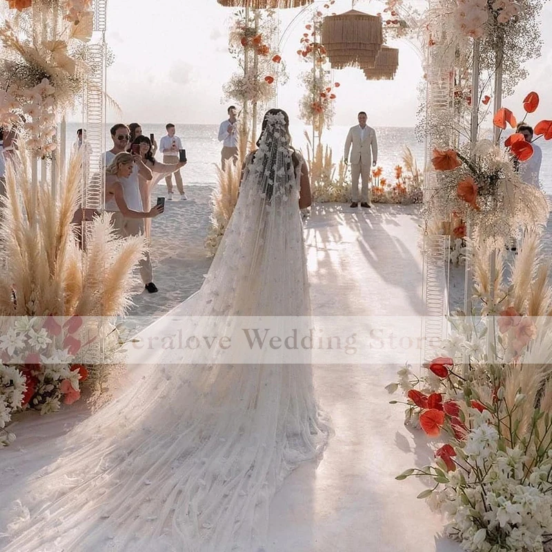 2022 A Line Wedding Dress Foral Flowers Split Beach Boho Sparkly Bridal Party Gowns With Warp Robe De Mariee