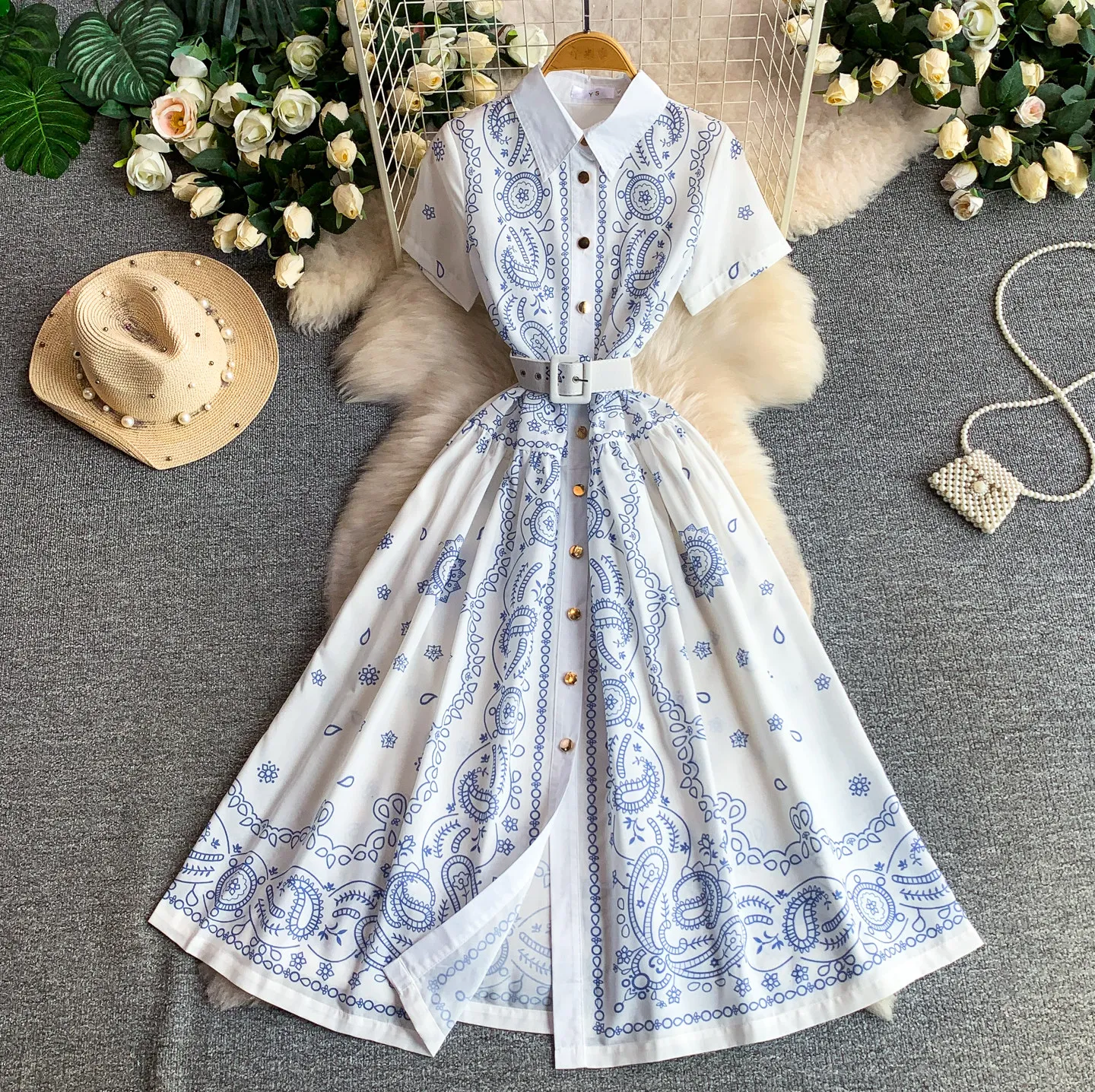 Geometry Print Women's Dress Summer French Style Holiday Style Short Sleeve Lapel Woman Clothes with Metal Buckle Sashes