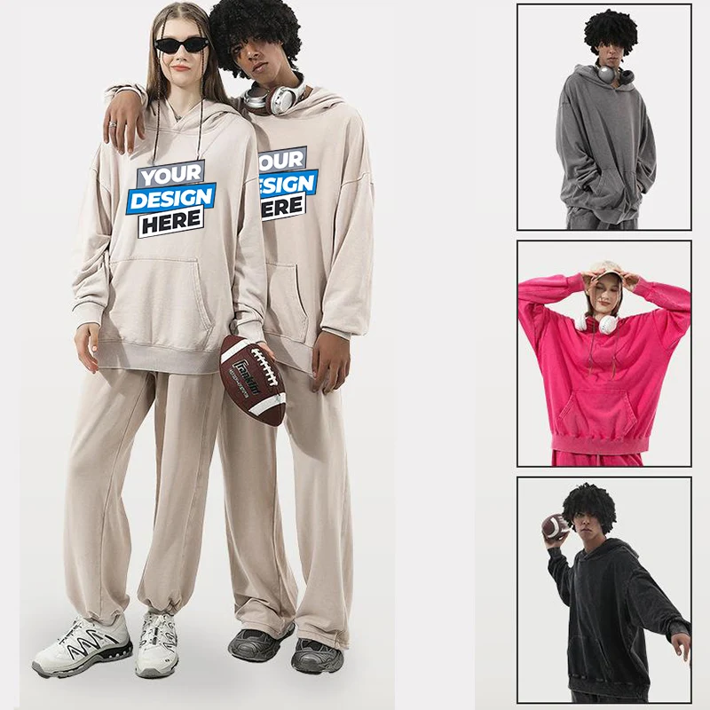 شعار مخصص خمر الباتيك غسلها 350gsm سترات قطنية عالية الجودة للرجال للجنسين الوزن الثقيل فضفاض الهيب هوب قمصان سويت شيرت بقلنسوة البلوفرات