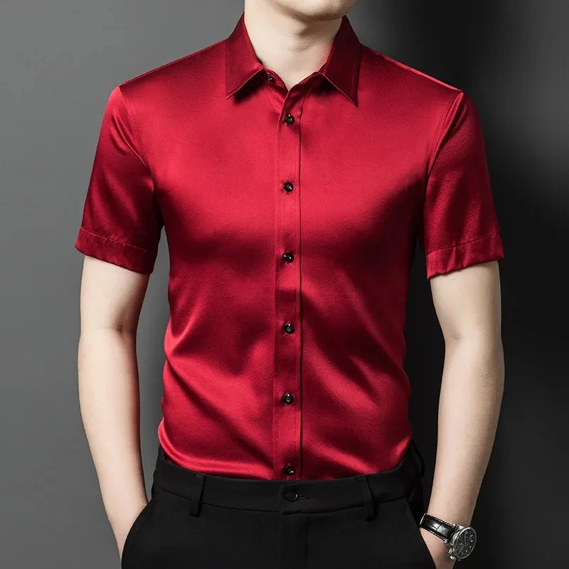

JHCY39, Высококачественная шелковая мужская рубашка с коротким рукавом 2024 летняя деловая Повседневная тонкая куртка