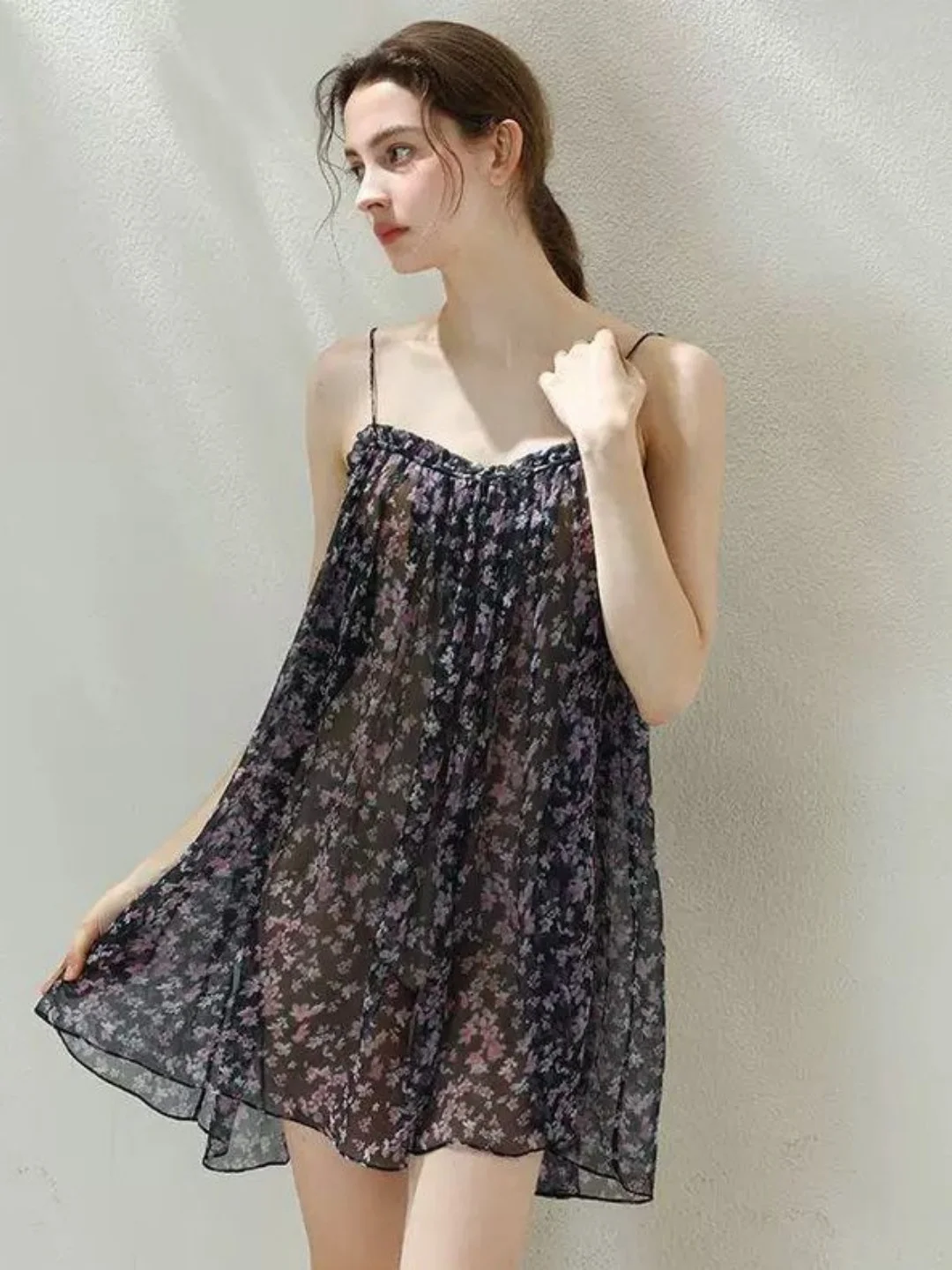 

plus Size Floral Print Chemise Nightgown Women's Summer Sexy Thin Home Clothes Strap Design Mid-Length Casual Home Wear