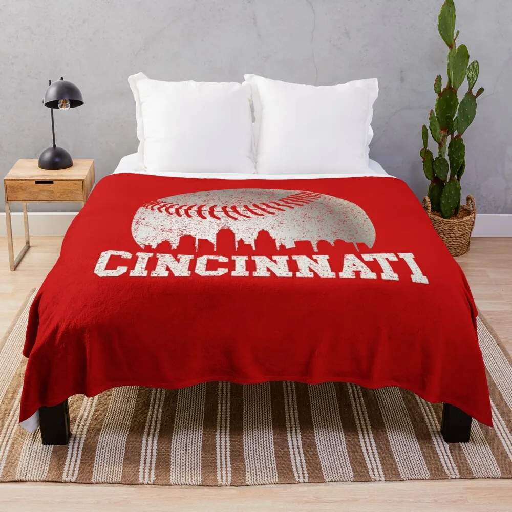 

Vintage Cincinnati Skyline Baseball Retro Red Color Gameday Throw Blanket For Sofa Thin Hair Blankets