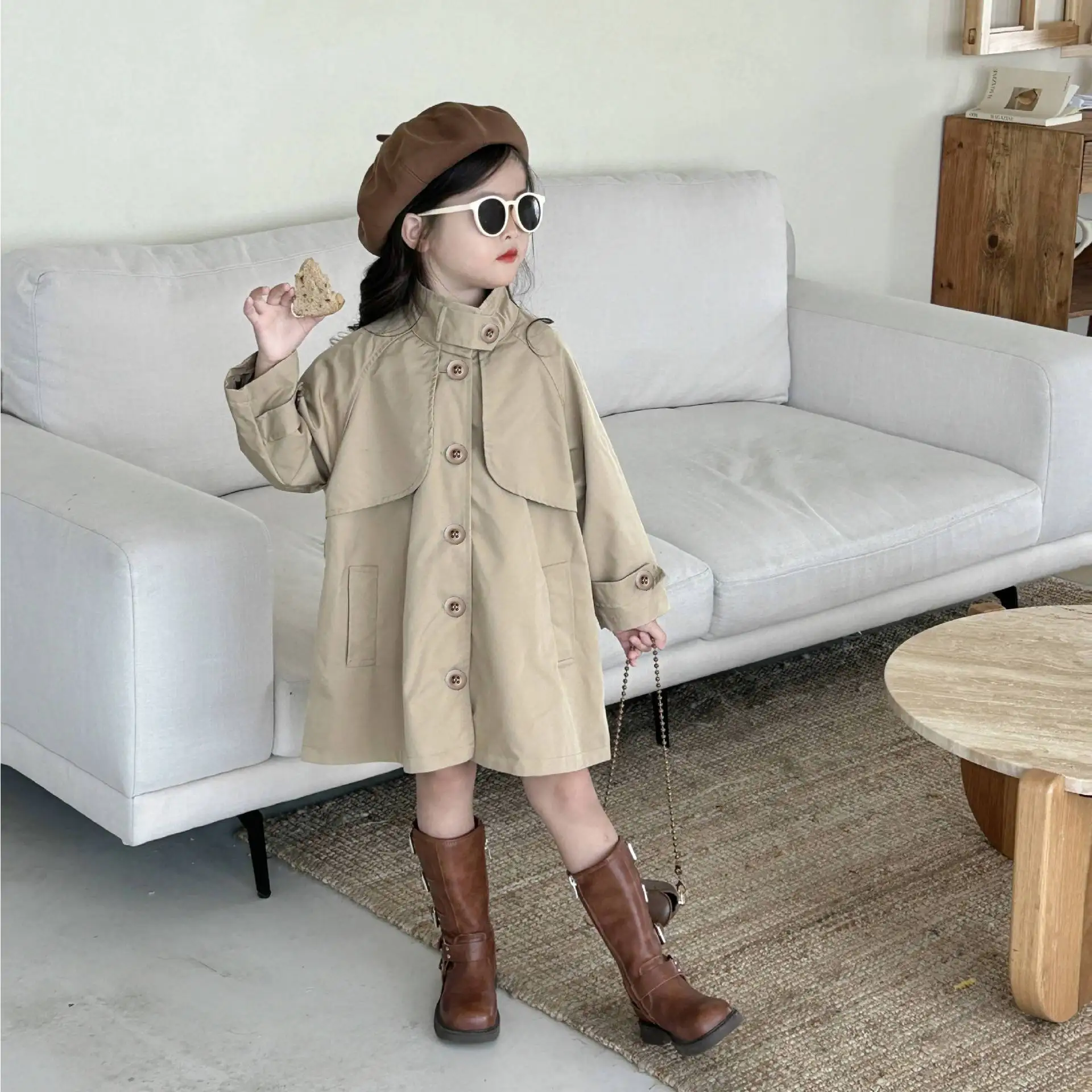 

2025 New Korean Style Girls' Windbreaker Coat Stylish Khaki Mid Length Autumn Coat for Kids Children