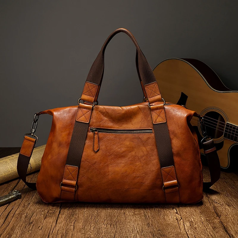 Bolso de viaje de cuero genuino para hombres, bolsa de equipaje Vintage, lona de viaje, cuero de vaca duradero, bolsas grandes de fin de semana para hombres