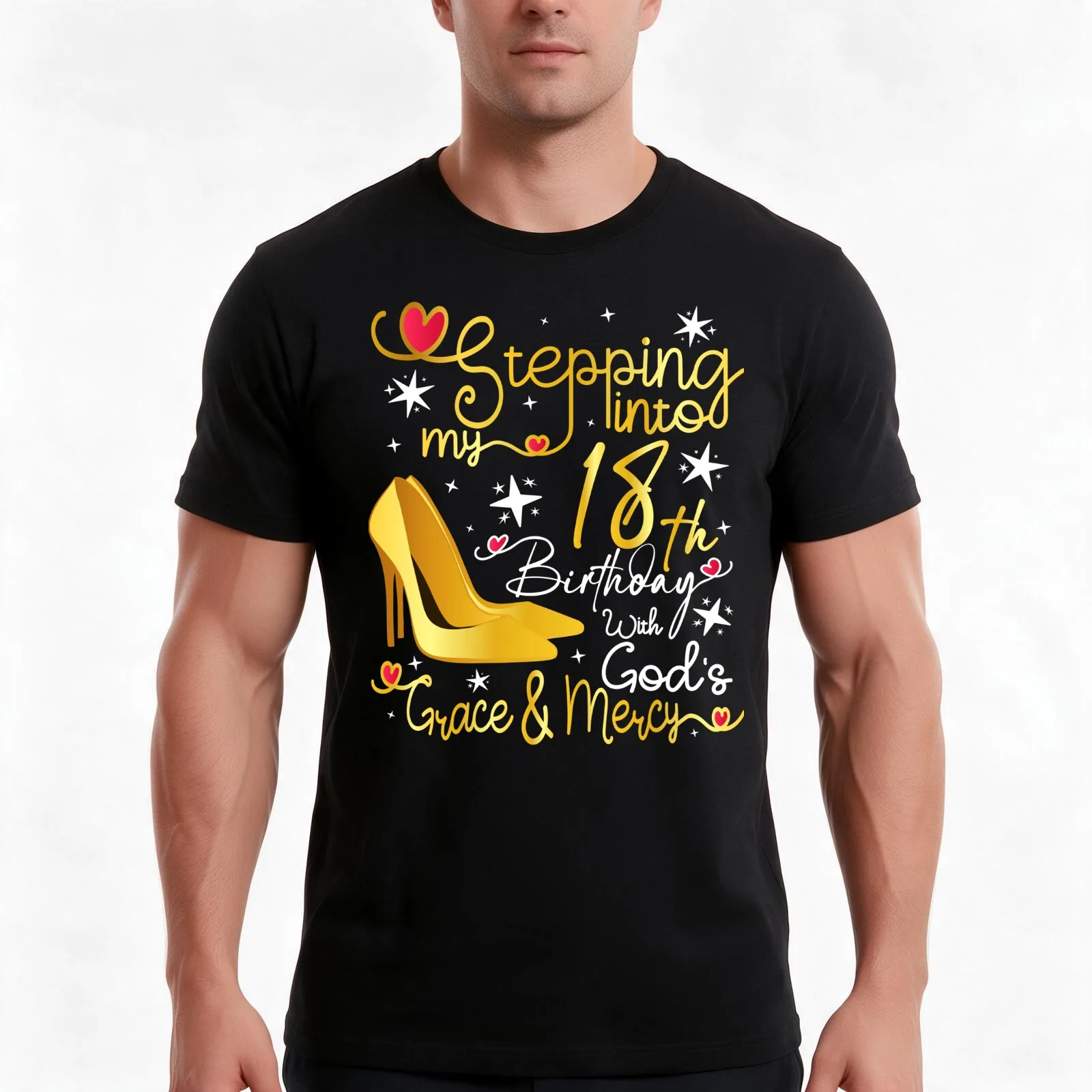 Stepping into my 18th birthday with gods grace and mercy T-Shirt, Summer Casual Cotton Tee, Oversized Streetwear Tops