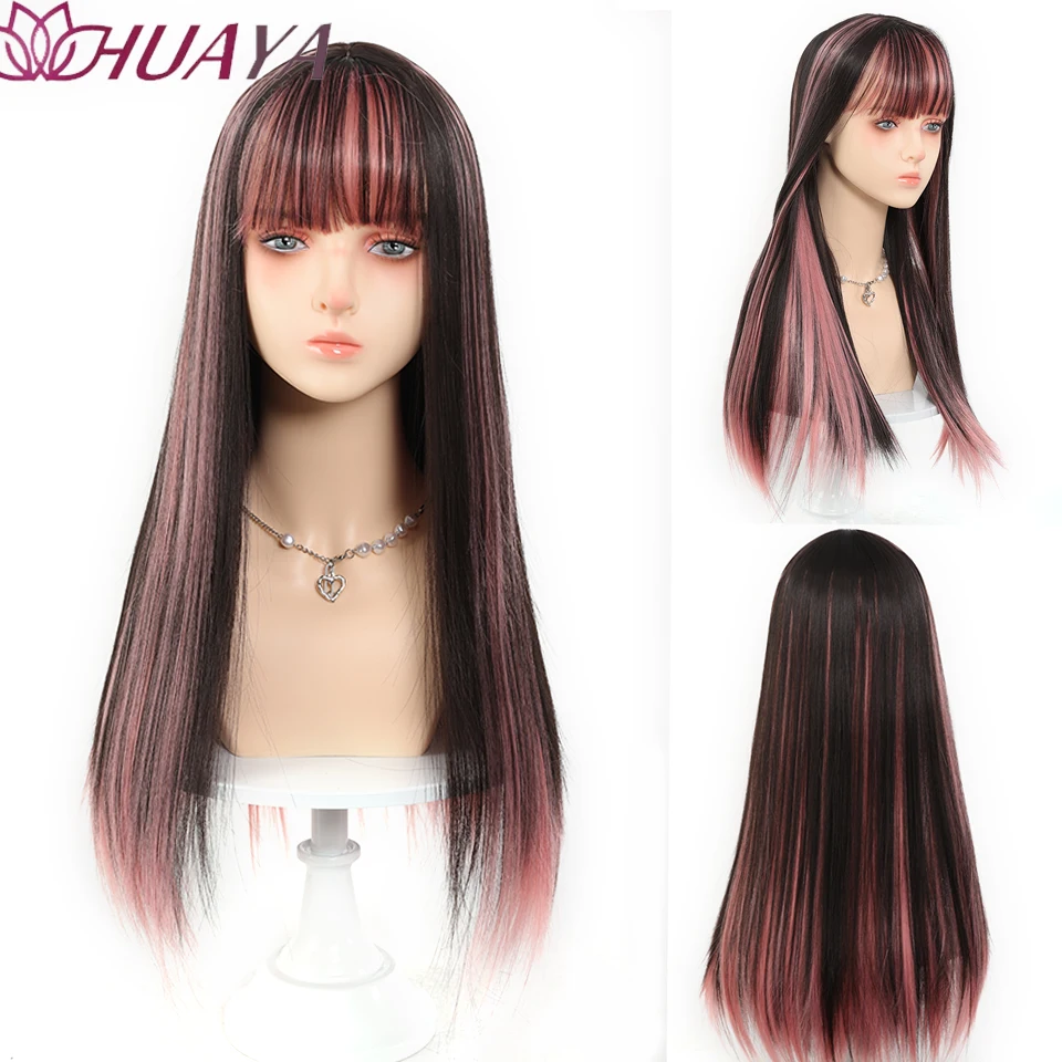 Lolita Wig Female Long Hair Black Highlights Pink With Bangs Straight Hair Party Everyday Wear.