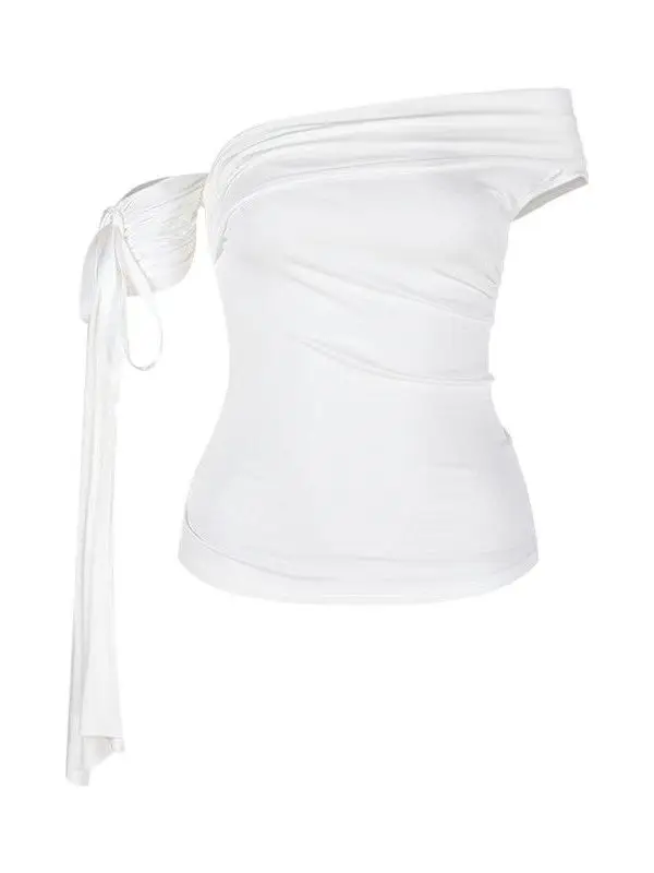 تي شيرت أبيض Sa One-oulder Svel للسيدات لصيف 2025 تصميم جديد Ele للتخسيس ذو ثنيات علوية كورية Sle Commute Fas... #5