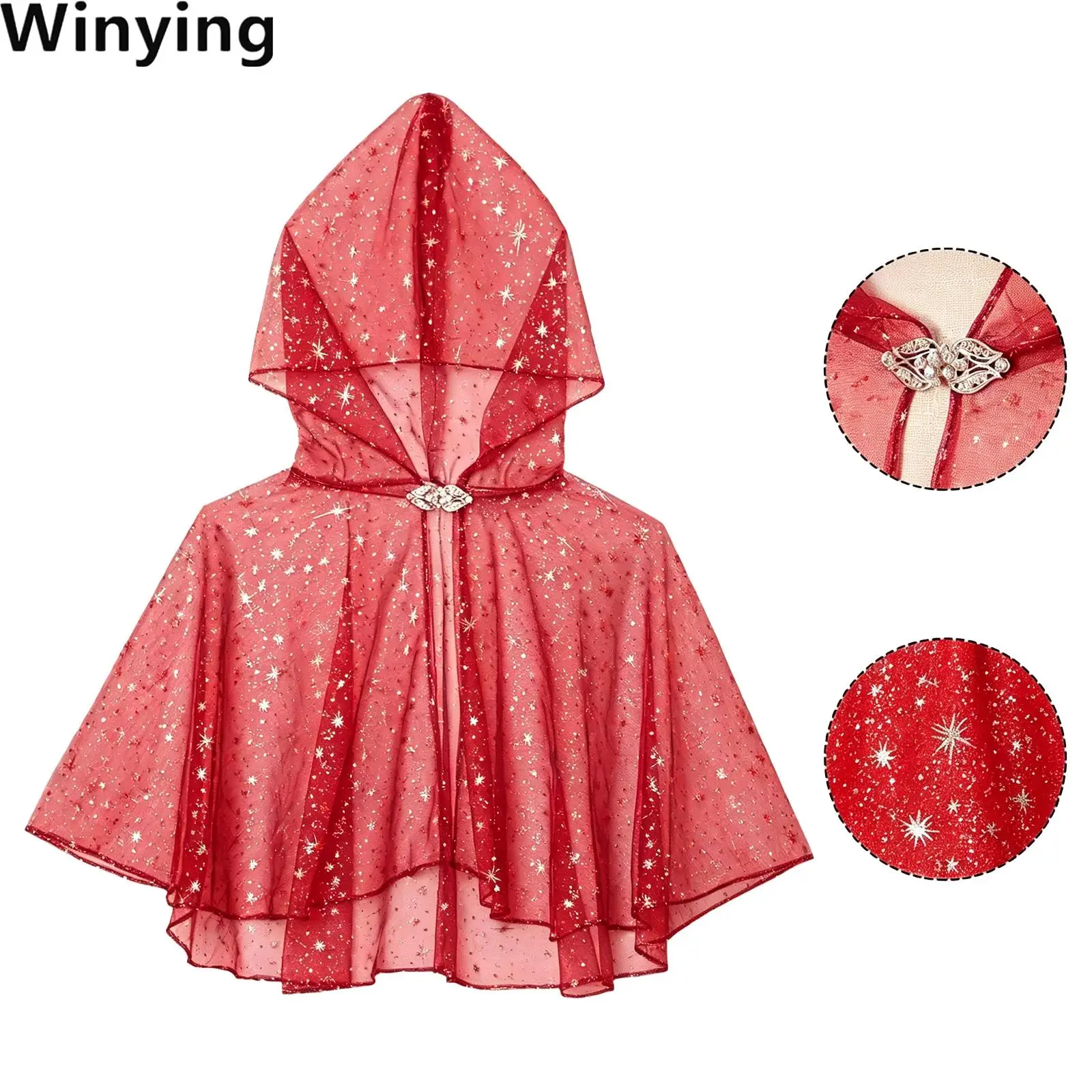 Women Hooded Star Mesh Tulle Cape Cloak with Rhinestone Clasp for Cosplay Stage Performance Halloween Party