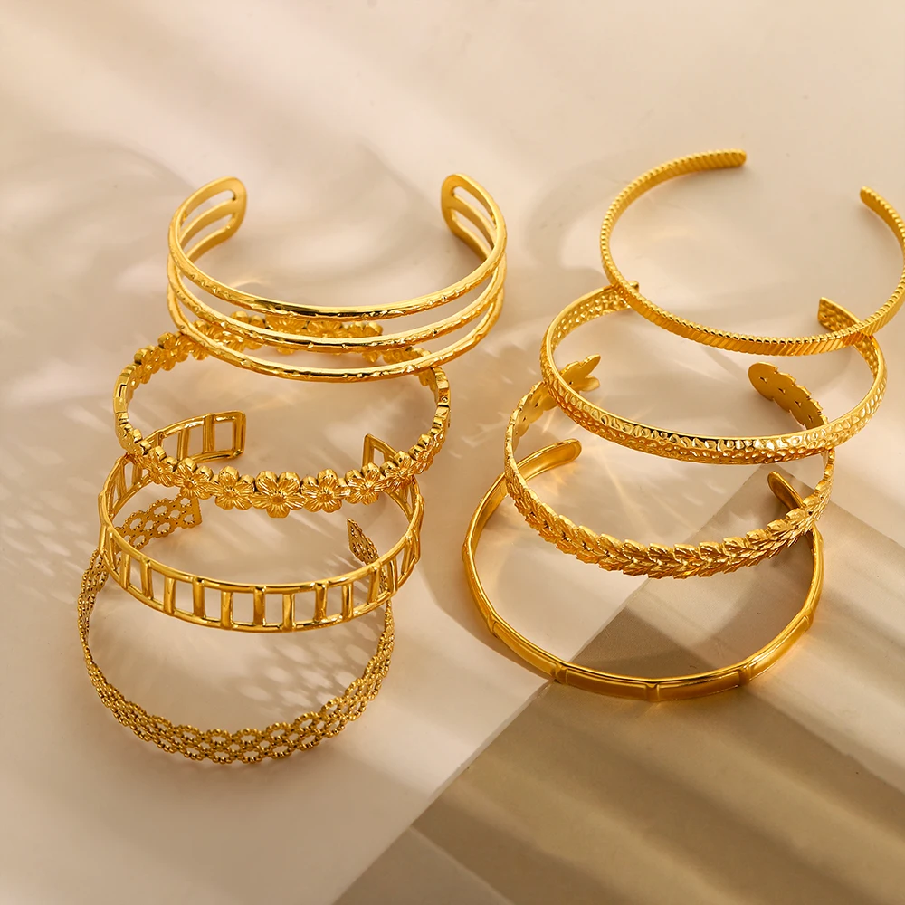 

CARLIDANA Vintage Style Adjustable Stainless Steel Flower Hollow Cuff Bangles Waterproof Jewelry 18k Gold Plated Bracelet Sets