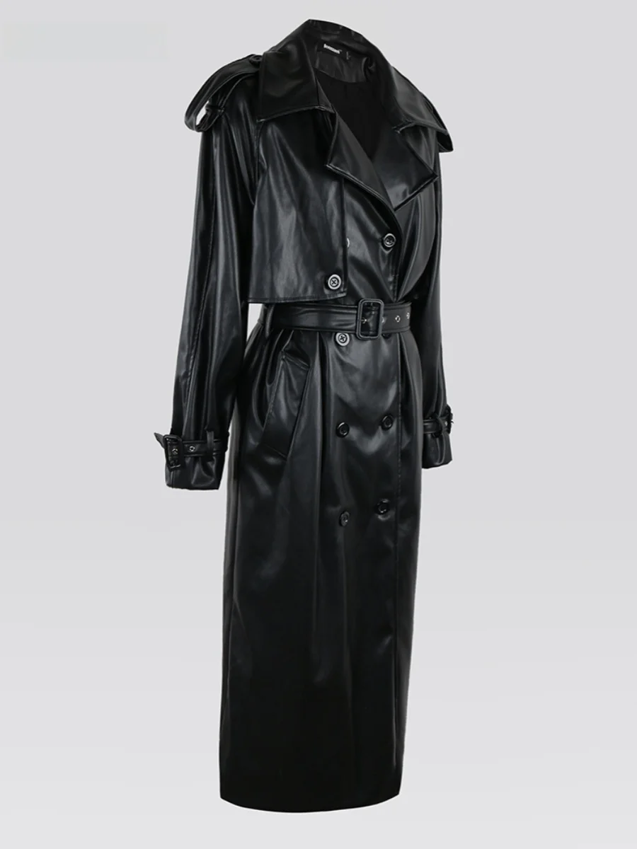 Nerazzurri Women's Long Leather Coat Black Double Row Button PU Leather Jacket with Belt Commute Style Fashionable Outerwear