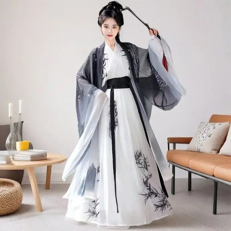 

Traditional Fairy Martial Hanfu Men Women Ancient Bamboo Leaves Printing Long Robe Vintage Halloween Warrior Cosplay Costumes