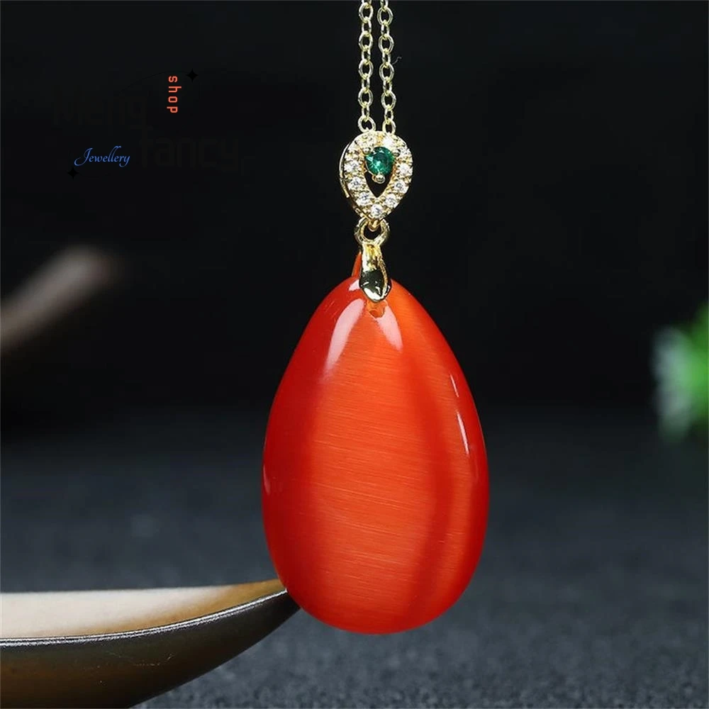 Natural Cat\'s Eye Stone Luck Water Drop Bead Pendant Hand-Carved Amulets Fashion Women Men Necklace 925 Silver Fine Jewelry Gift