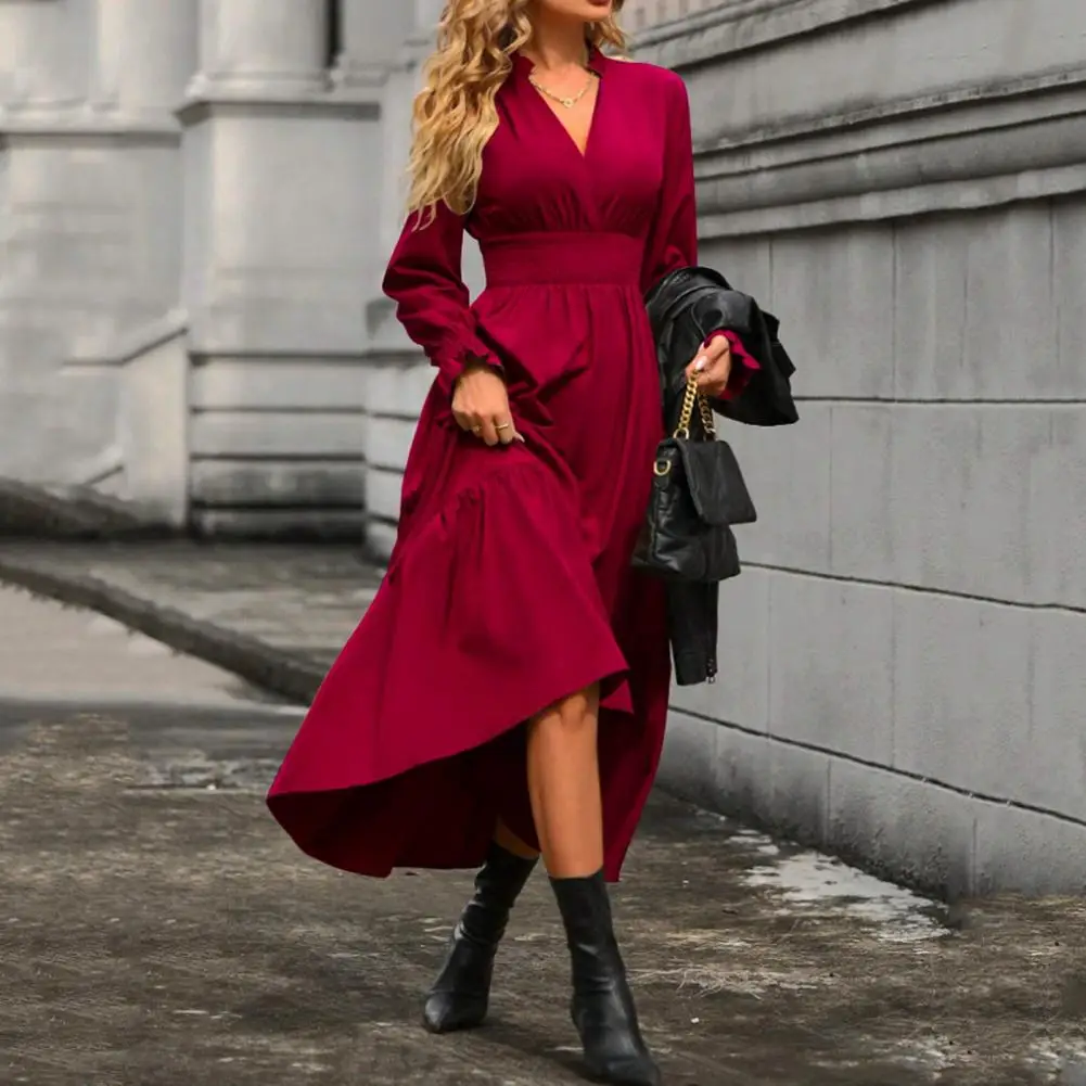 

V-neck Long Dress Elegant V-neck A-line Midi Dress with Pleated Patchwork High Waist Detail for Women Soft Long Sleeve Fall