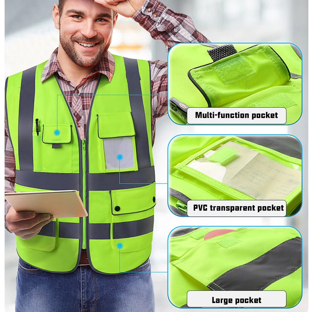 Custom LOGO S-5XL Hi Vis Workwear Vest with Pockets and Zipper High Visibility Construction Vest Uniforms Working Clothing