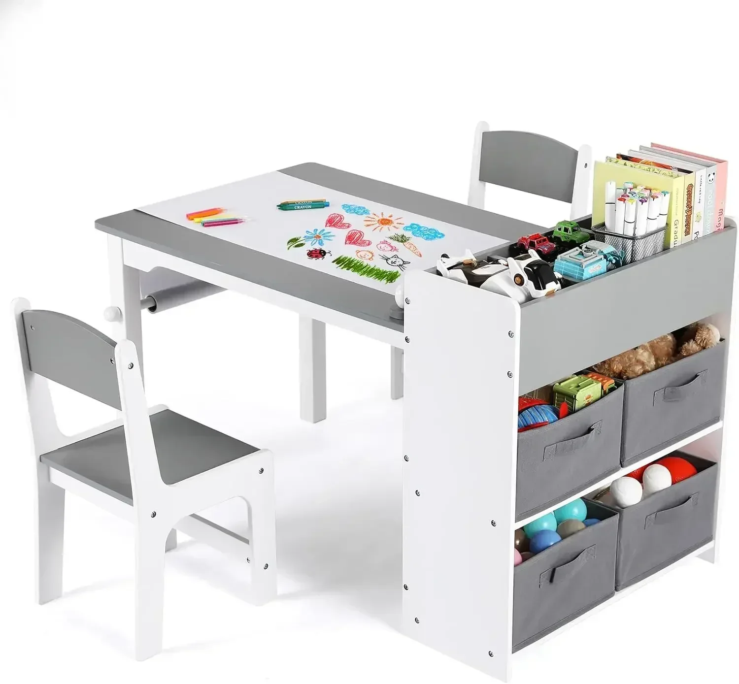 

Kids Art Table and 2 Chairs, Toddler Craft Drawing Desk with Large Storage Shelves, 4 Storage Bins and Paper Roll, Kids Activity