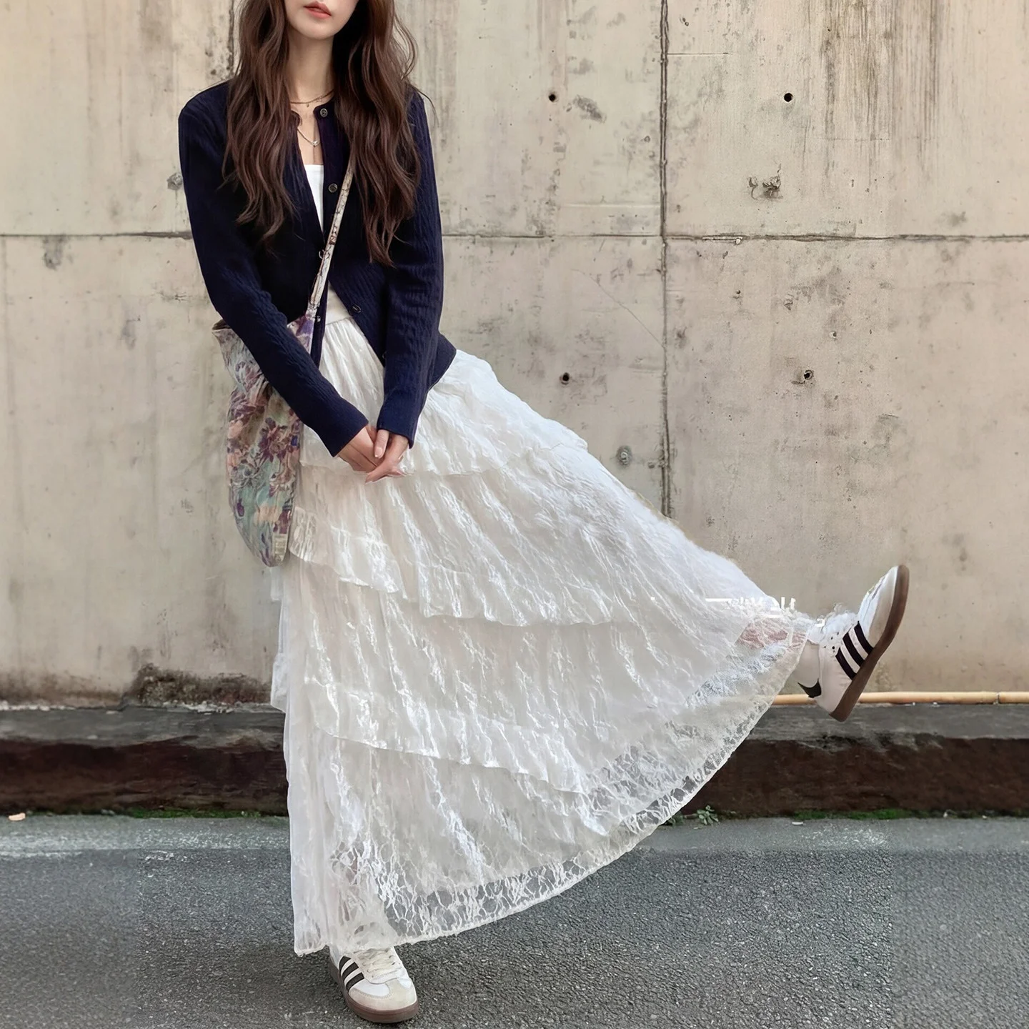 

White Cake Skirt Women's High Waist Asymmetrical Midi Lace Half Skirt Spring New Style Loose Fit Nylon Fabric Teenager Suitable