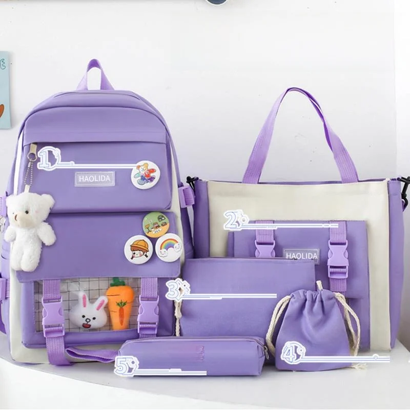 2026 New Large Capacity Backpack Lightweight Double Shoulder Bag Five-Piece Set for Primary And High School Girls Student Bag
