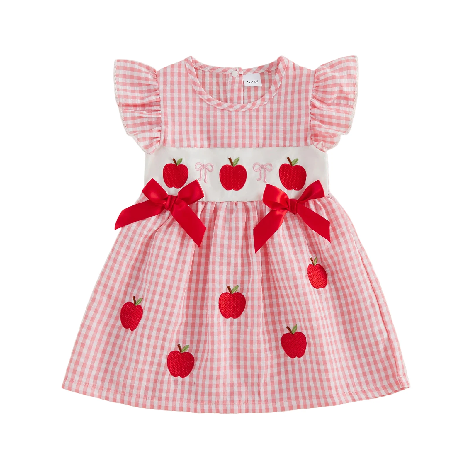Little Toddler Girl Summer Dress with Bows Plaid Apple Applique Flutter Sleeve A-line Dresses for School Daily Outing
