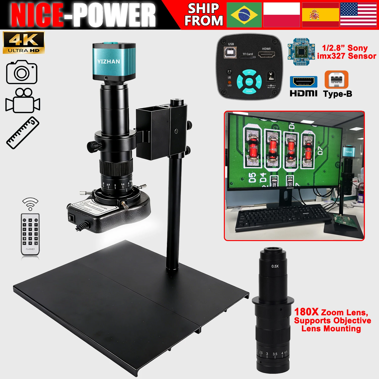 Microscope numérique 4K, objectif à monture C avec zoom 150X/180X, caméra de microscope vidéo USB HDMI 48MP 60FPS, microscope industriel Full HD